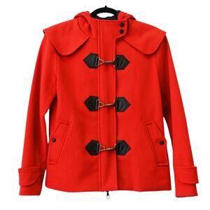Rag & Bone Red Wool Cropped Duffle Coat Size XS Leather Trim Accents